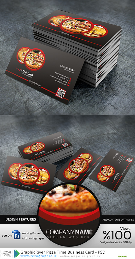 طرح لایه باز کارت ویزیت با طرح پیتزا گرافیک ریور- GraphicRiver Pizza Time Business Card | رضاگرافیک 